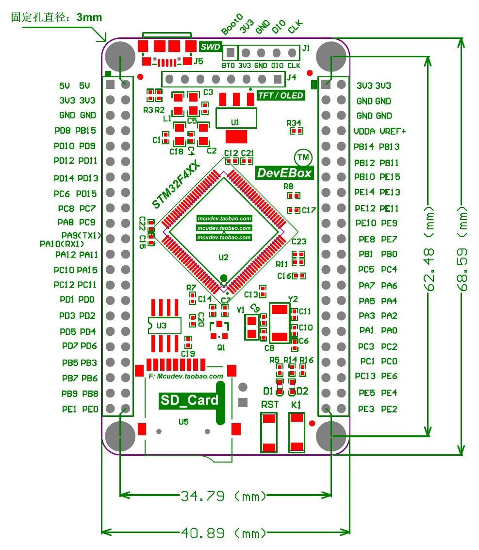 DevEBox STM32F4XX_M pin map and board dimensions