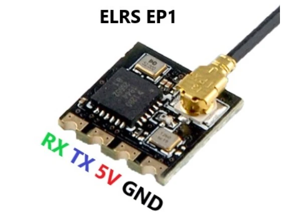The EP1's four pads, labelled RX, TX, 5V and GND along one edge