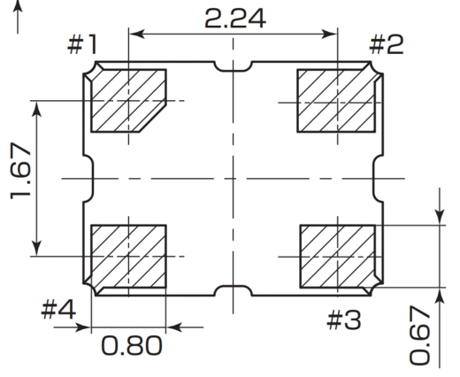 DSK321STD land pattern, pads numbered 1 to 4, dimensions in mm